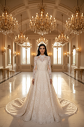 NIL-091 Champagne A-Line Modest Bridal Gown – Front View