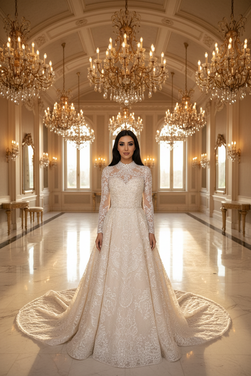 NIL-091 Champagne A-Line Modest Bridal Gown – Front View