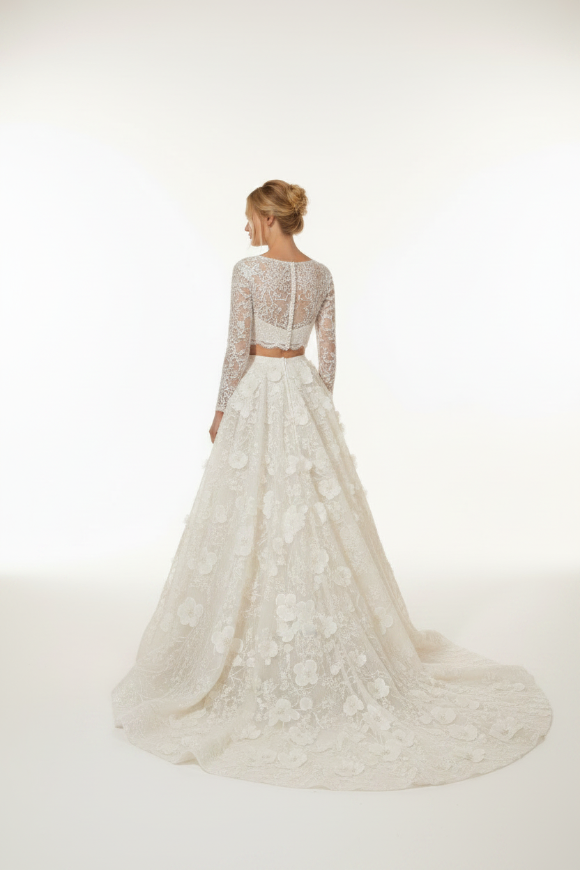 NNC-110 Ivory Two-Piece Floral Bridal Set - Back View with Detachable Train