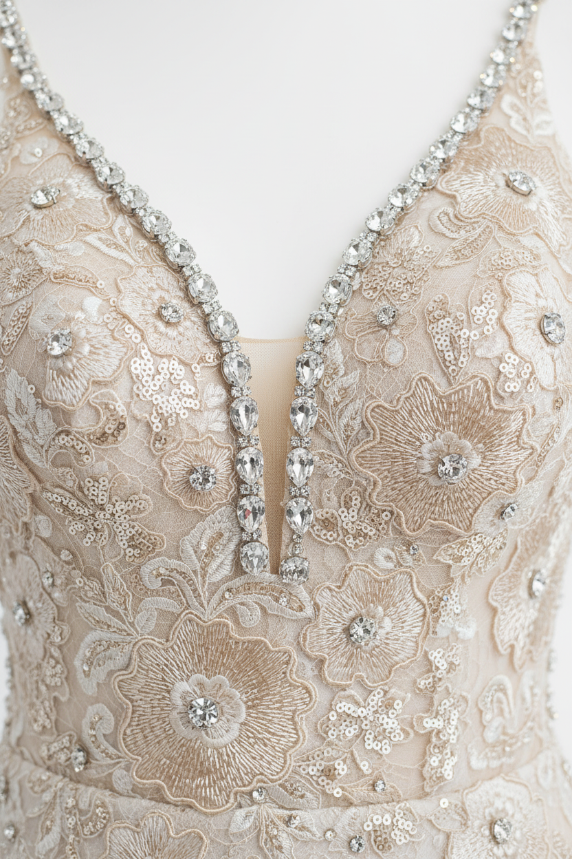 NIL-125 crystal strap and sequin lace embroidery detail on deep V bodice by NIL Wedding Dress