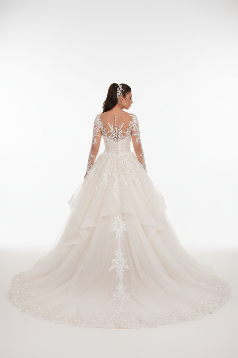 NIL-123 soft ivory princess ball gown back view with cathedral train by NIL Wedding Dress
