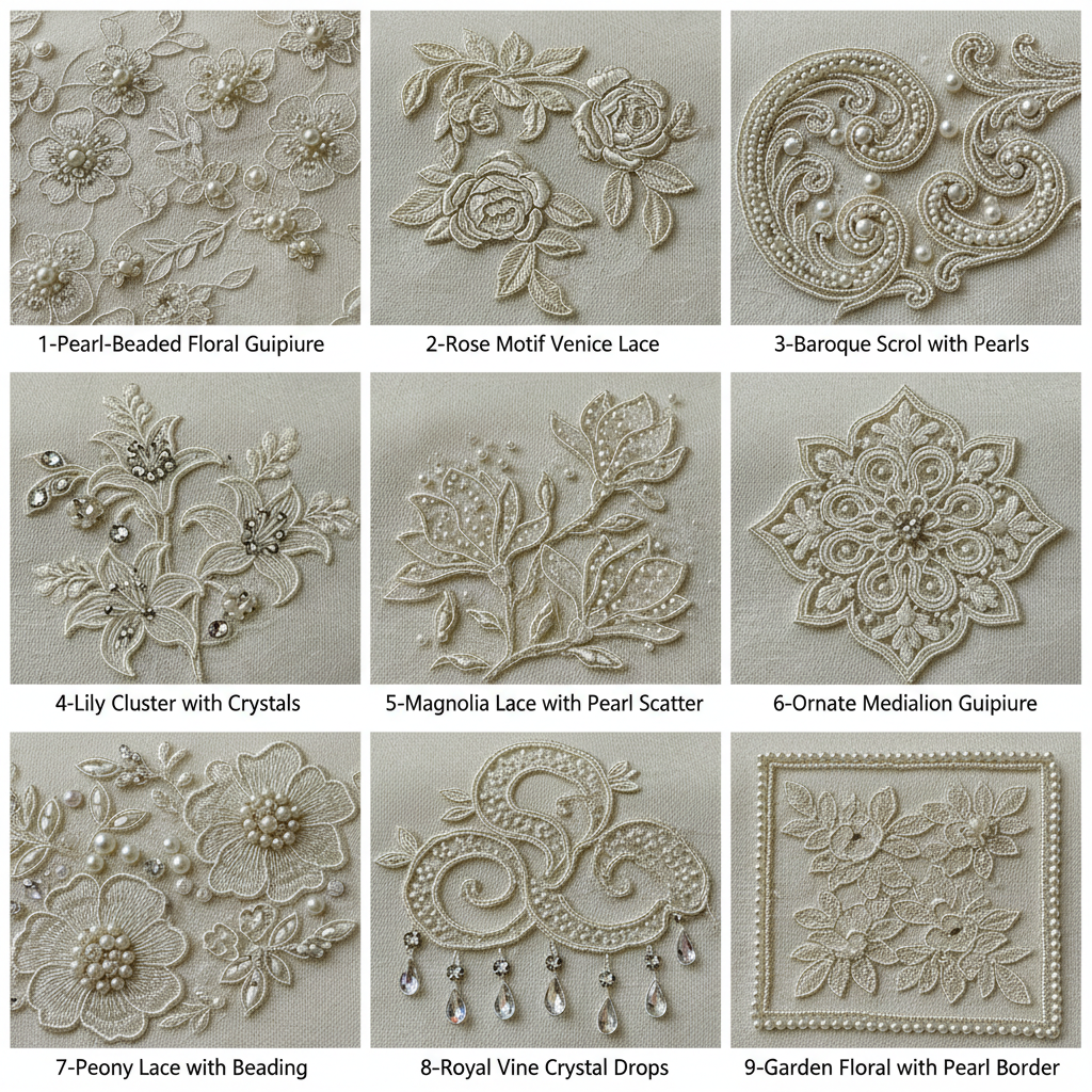 3x3 grid of 9 unique pearl and crystal lace motif swatches for chapel veil