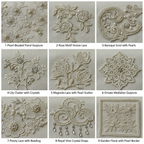 3x3 grid of 9 unique pearl and crystal lace motif swatches for chapel veil