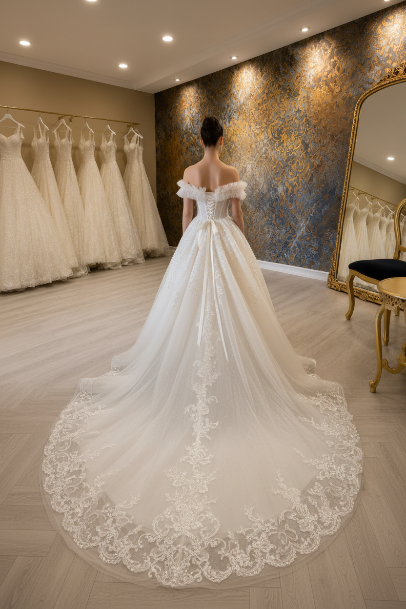 NIL-060 Off-Shoulder Ruffle Princesa vestido de novia – vista trasera