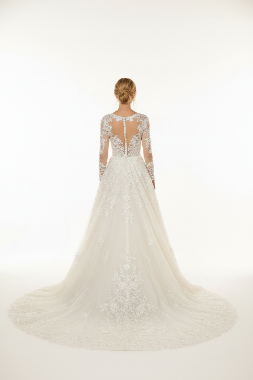 NNC-106 Ivory Lace A-Line Bridal Gown - Back View with Cathedral Train