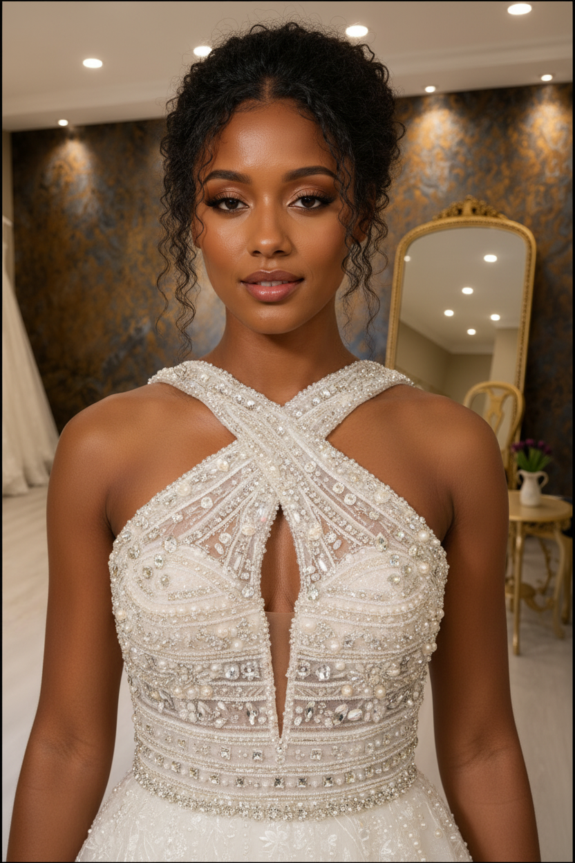 NIL-261 Crystal Cross-Strap Ballgown - Close-Up Bodice & Neckline Detail