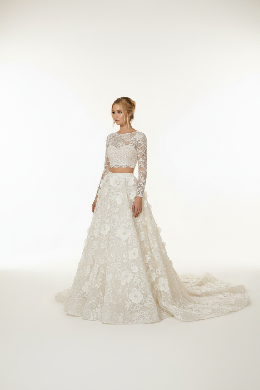 NNC-110 Ivory Two-Piece Floral Bridal Set - Three-Quarter View