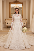 NIL-225 Hijab Wedding Dress - Front View with Bouquet