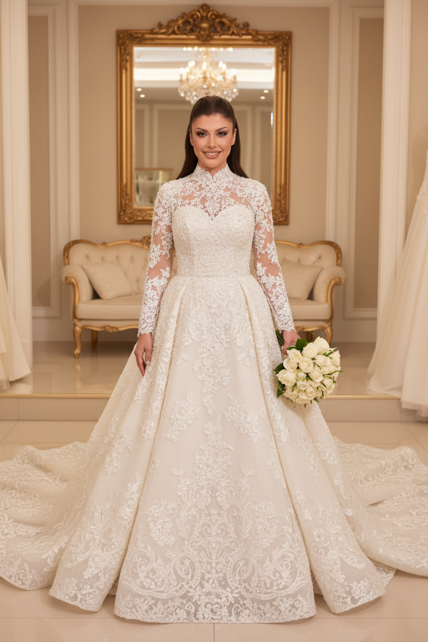 NIL-225 Hijab Wedding Dress - Front View with Bouquet