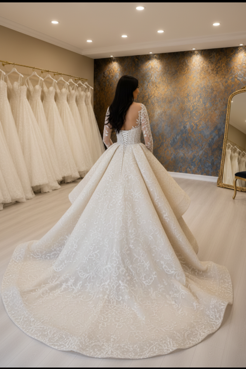 NIL-029 Champagne Ivory Royal Princess Ball Gown – Back View