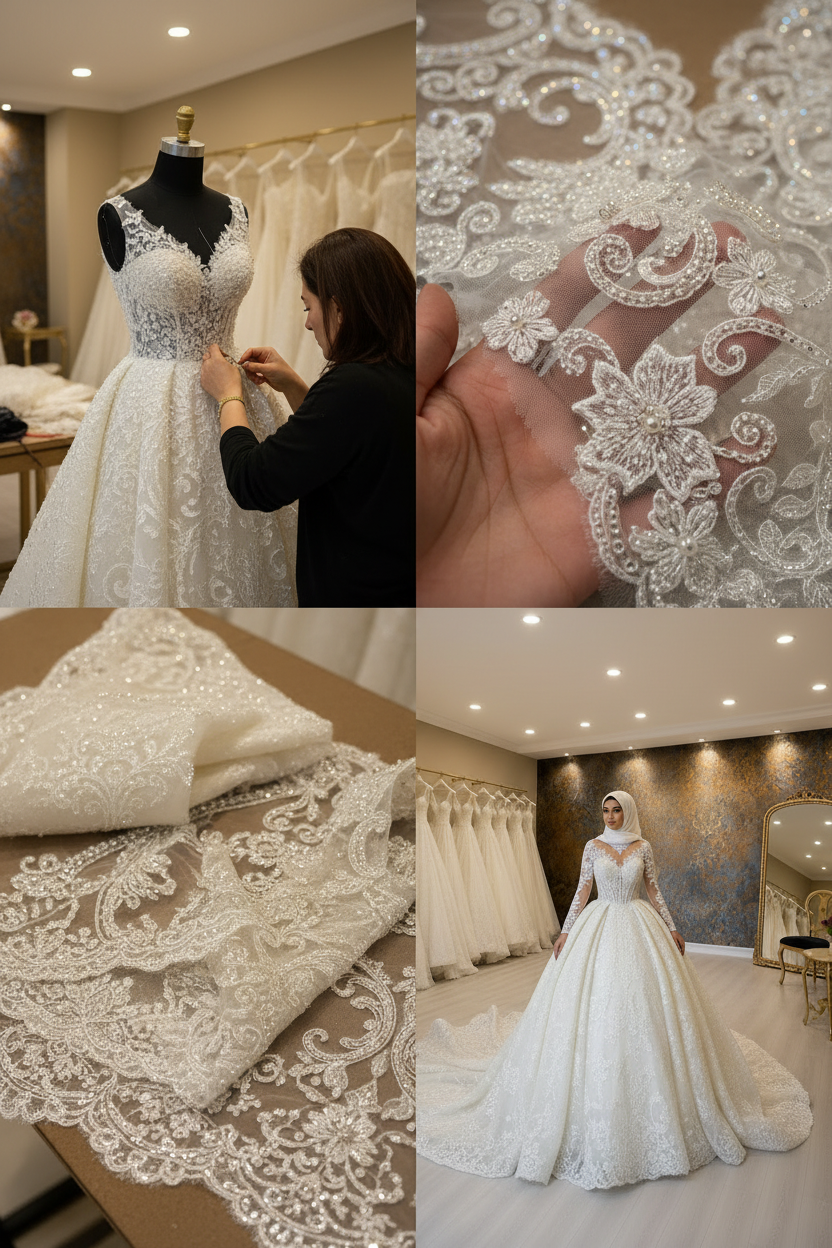 NIL-023 Off White Ivory Royal Princess Ball Gown atelier lifestyle collage by NIL Wedding Dress