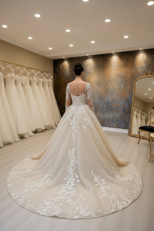 NIL-026 Champagne Ivory Koninklijk Prinses baljurk Achteraanzicht NEE Sluier by NIL Bruidsjurk