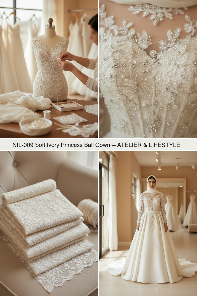 NIL-009 Soft Ivory Princess Ball Gown atelier lifestyle collage by NIL Wedding Dress