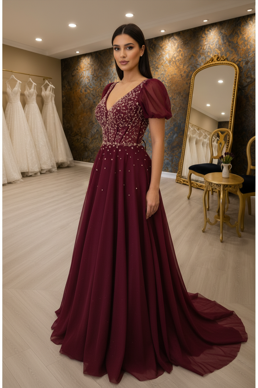 NIL-NS-246 Burgundy Rose Gold Crystal A-Line Engagement Dress - Front View