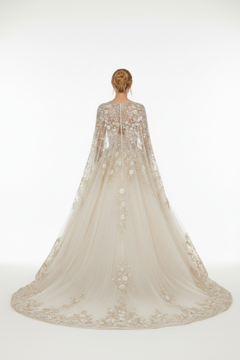 NNC-109 Ivory Princess Cape Bridal Gown - Back View