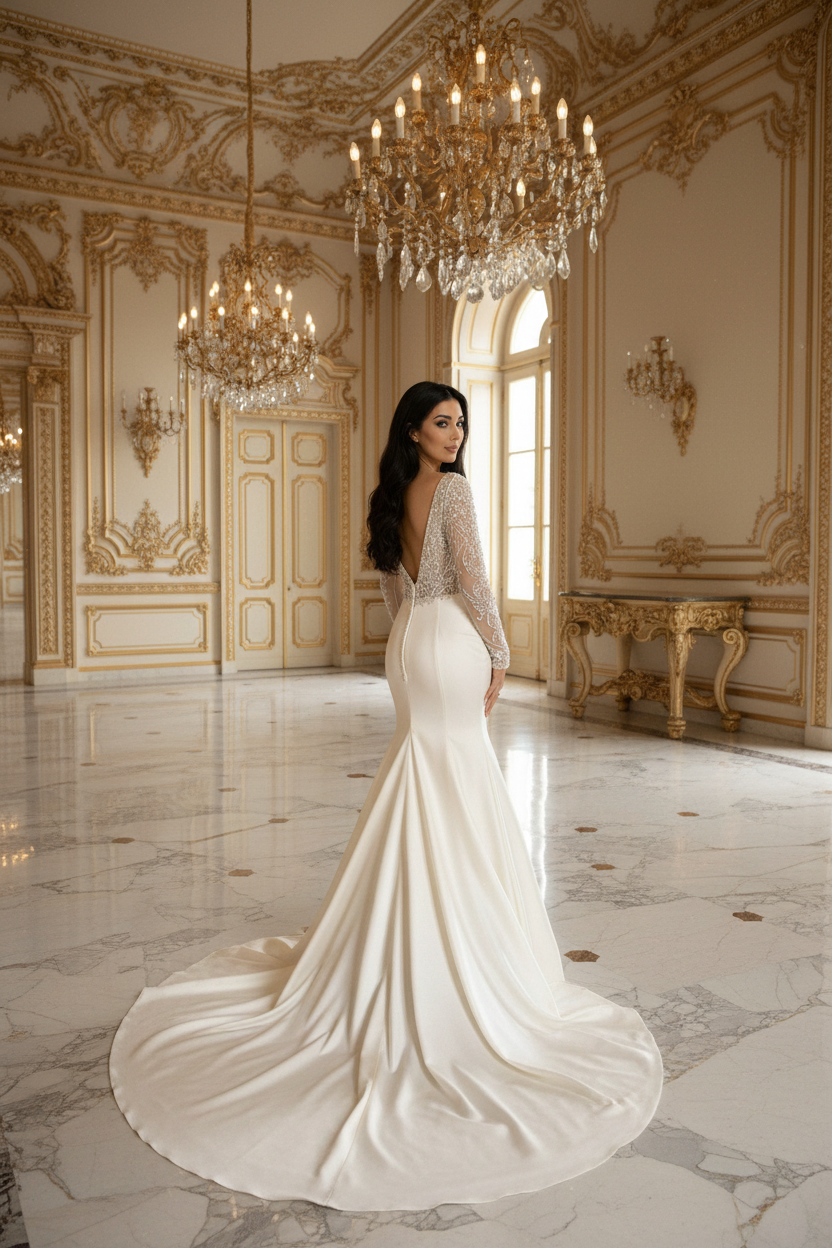 NIL-092 Soft Ivory Mermaid Couture Gown – Back View