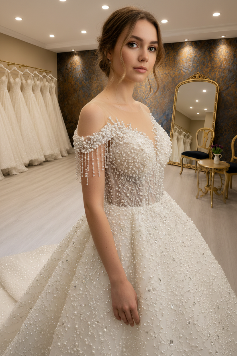 NIL-263 3D Pearl Branch Ballgown - 3/4 Diagonal View