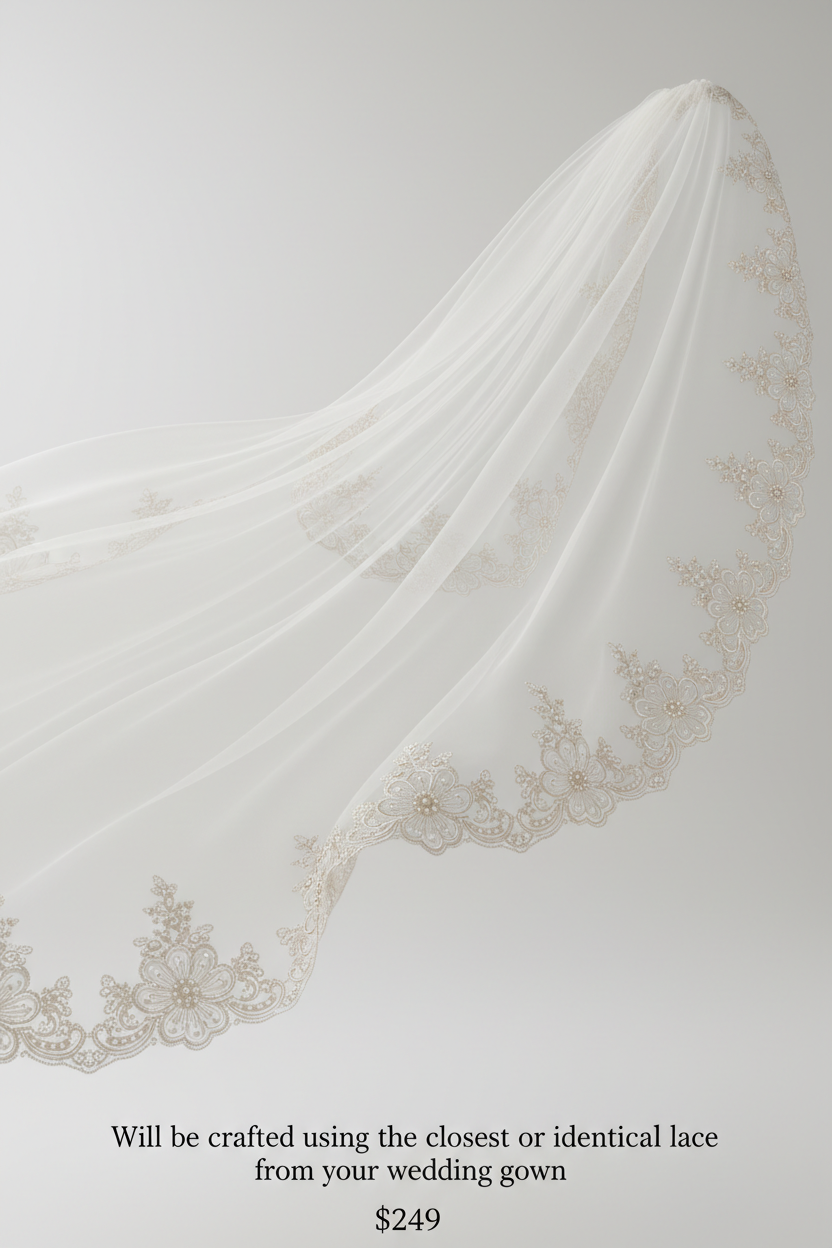 220cm chapel bridal veil with 10cm pearl-beaded lace edge, ivory tulle, $249