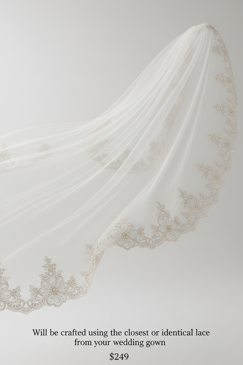 220cm chapel bridal veil with 10cm pearl-beaded lace edge, ivory tulle, $249