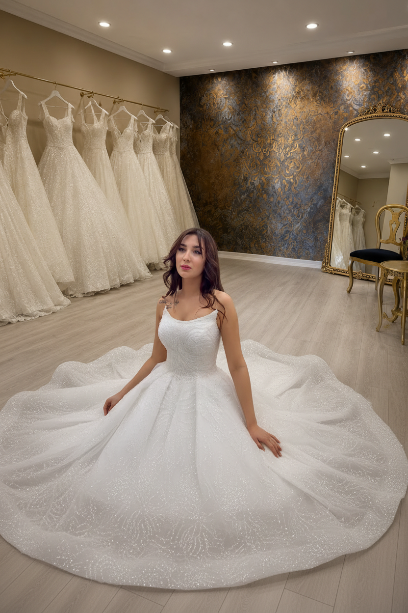 NIL-268 Sequin Crystal Ballgown - Seated Pose