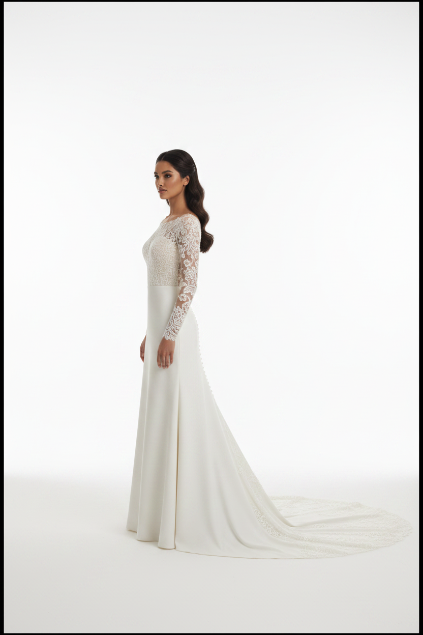NIL-118 Soft Ivory Long Sleeve Couture Wedding Dress – Side View