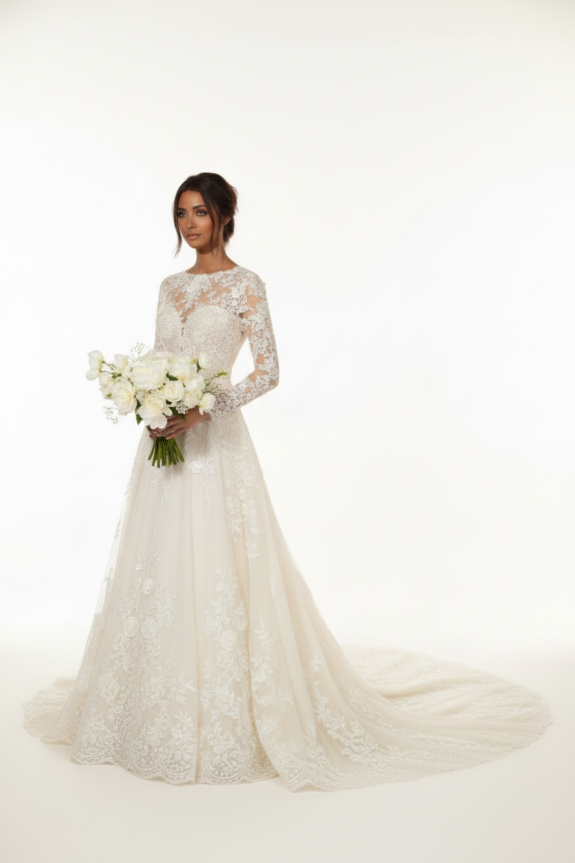 NNC-106 Ivory Lace A-Line Bridal Gown - Three-Quarter View