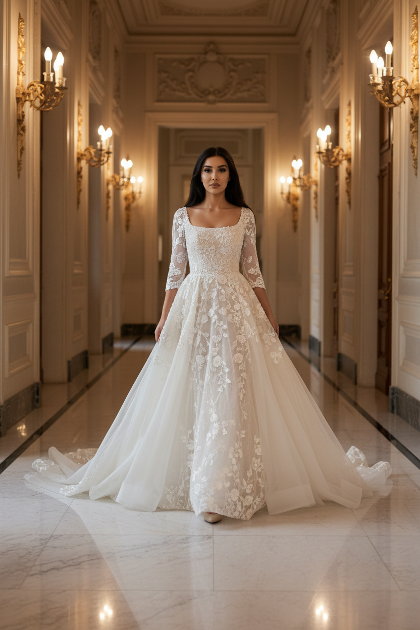 NIL-093 Off White Ball Gown Modest Bridal Dress – Walking Pose