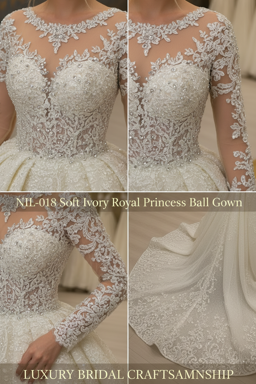 NIL-018 Soft Ivory Royal Princess Ball Gown detail craftsmanship collage by NIL Wedding Dress