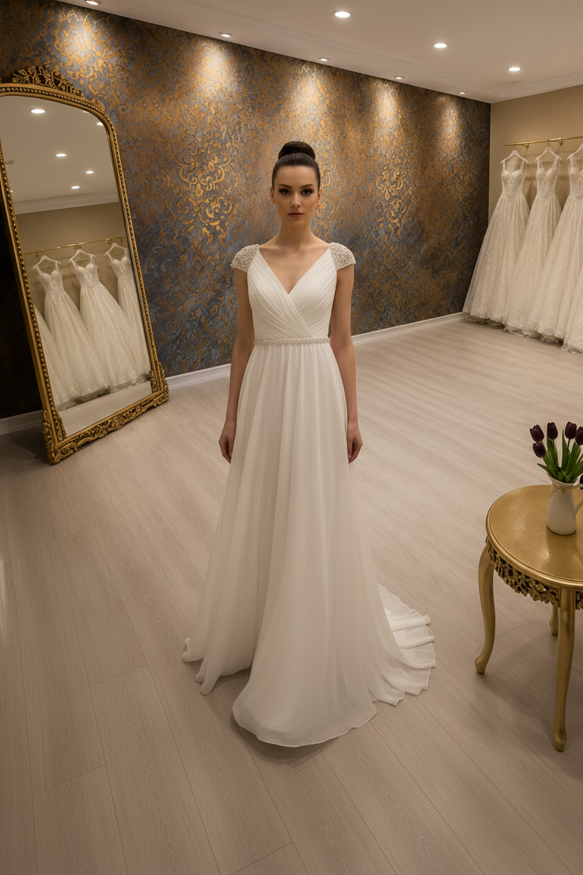 NIL-053 Grecian Draped Chiffon Bruidsjurk – Vooraanzicht