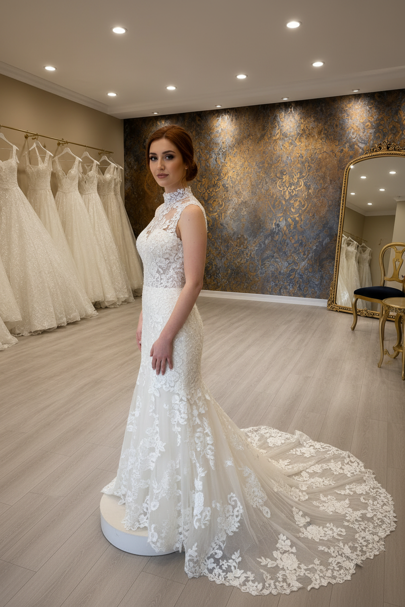 NIL-193 Ivory Antique Floral Lace Fit-and-Flare – Side View – M1
