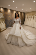NIL-033 Soft Ivory Royal Princess Ball Gown Detachable Overskirt Hijab Style Front View