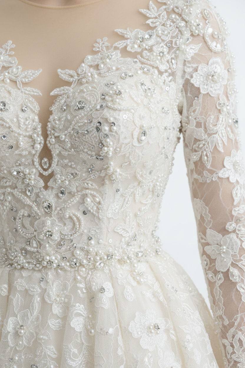 NIL-118 Soft Ivory Long Sleeve Couture Wedding Dress – Detail View