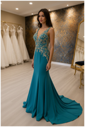 NIL-NS-250 Teal Turquoise Gold Crystal Mermaid Engagement Dress - Front View