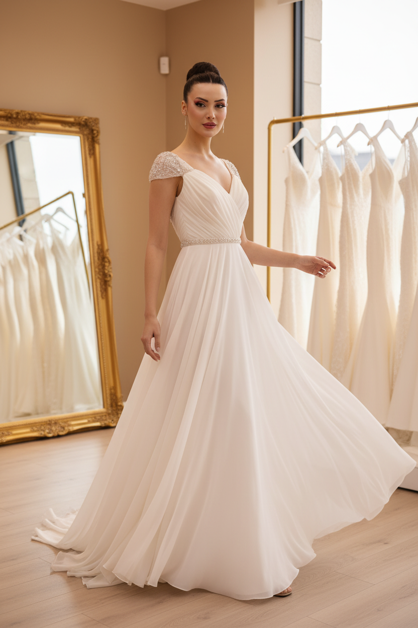 NIL-053 Grecian Draped Chiffon Jurk – 3/4 Angle