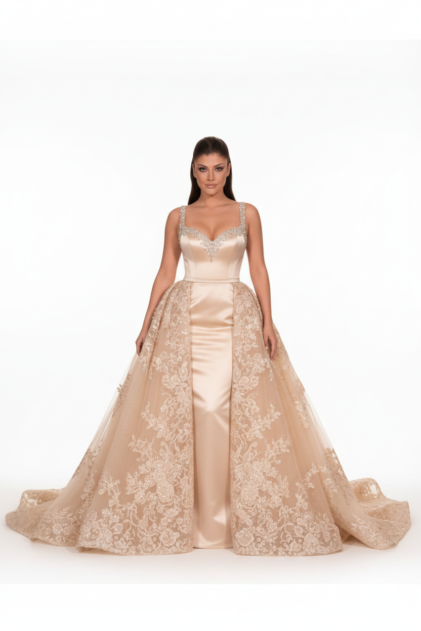 NIL-117 Champagne Detachable Overskirt Wedding Dress – Front View