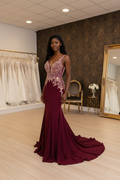 NIL-NS-254 Burgundy Rose Gold Crystal Mermaid Engagement Dress - Front View