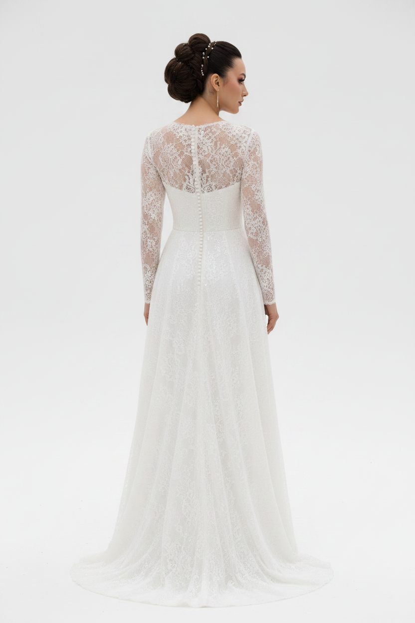 NIL-115 Soft White Modest Wedding Dress – Back View
