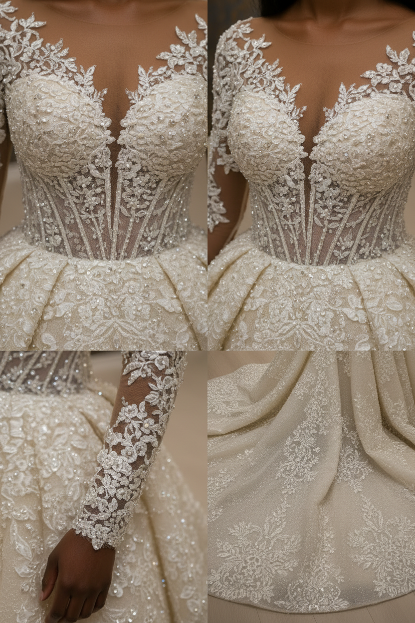 NIL-024 Champagne Ivory Royal Princess Ball Gown detail craftsmanship collage by NIL Wedding Dress