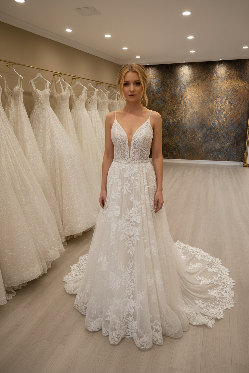 NIL-201 Ivory French Chantilly Lace A-Line – Front View – Sarışın