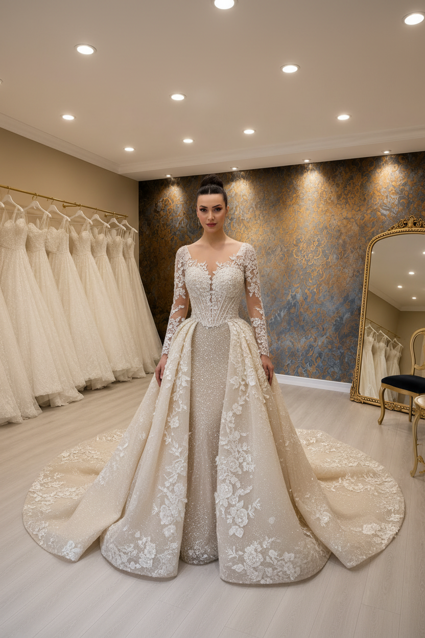 NIL-026 Champagne Ivory Royal Princess Ball Gown Detachable Overskirt Hijab Style Front View