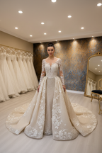 NIL-026 Champagne Ivory Royal Princess Ball Gown Detachable Overskirt Hijab Style Front View