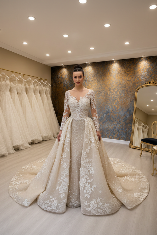 NIL-026 Champagne Ivory Koninklijk Prinses baljurk Detachable Overskirt Hijab Stijl Vooraanzicht