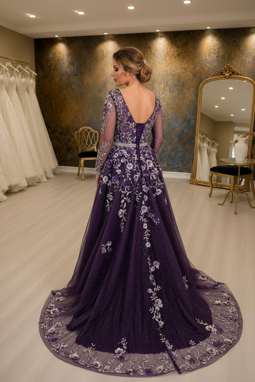 NIL-NS-083 Deep Purple Silver Crystal A-Line Engagement Dress - Back View