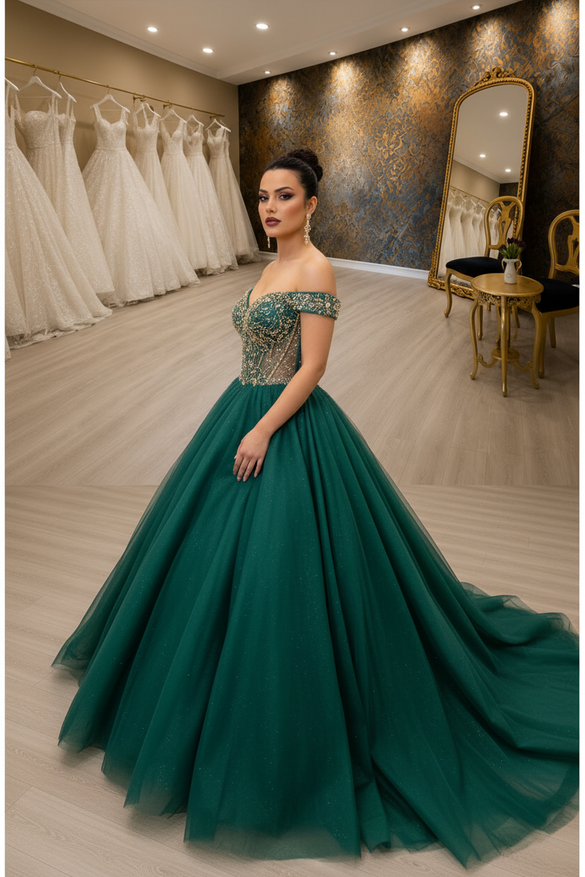 NIL-NS-253 Emerald Green Gold Crystal Ball Gown Engagement Dress - Front View
