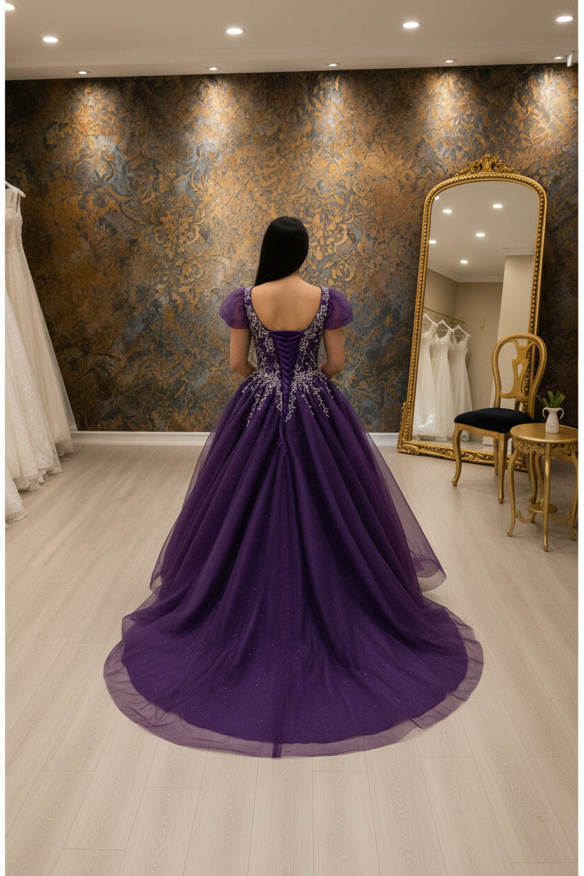 NIL-NS-256 Deep Purple Amethyst Crystal Princess Ball Gown Engagement Dress - Back View