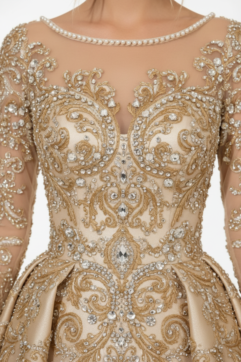 NNC-107 Champagne Ball Gown - Gold Embroidery and Crystal Beading Detail