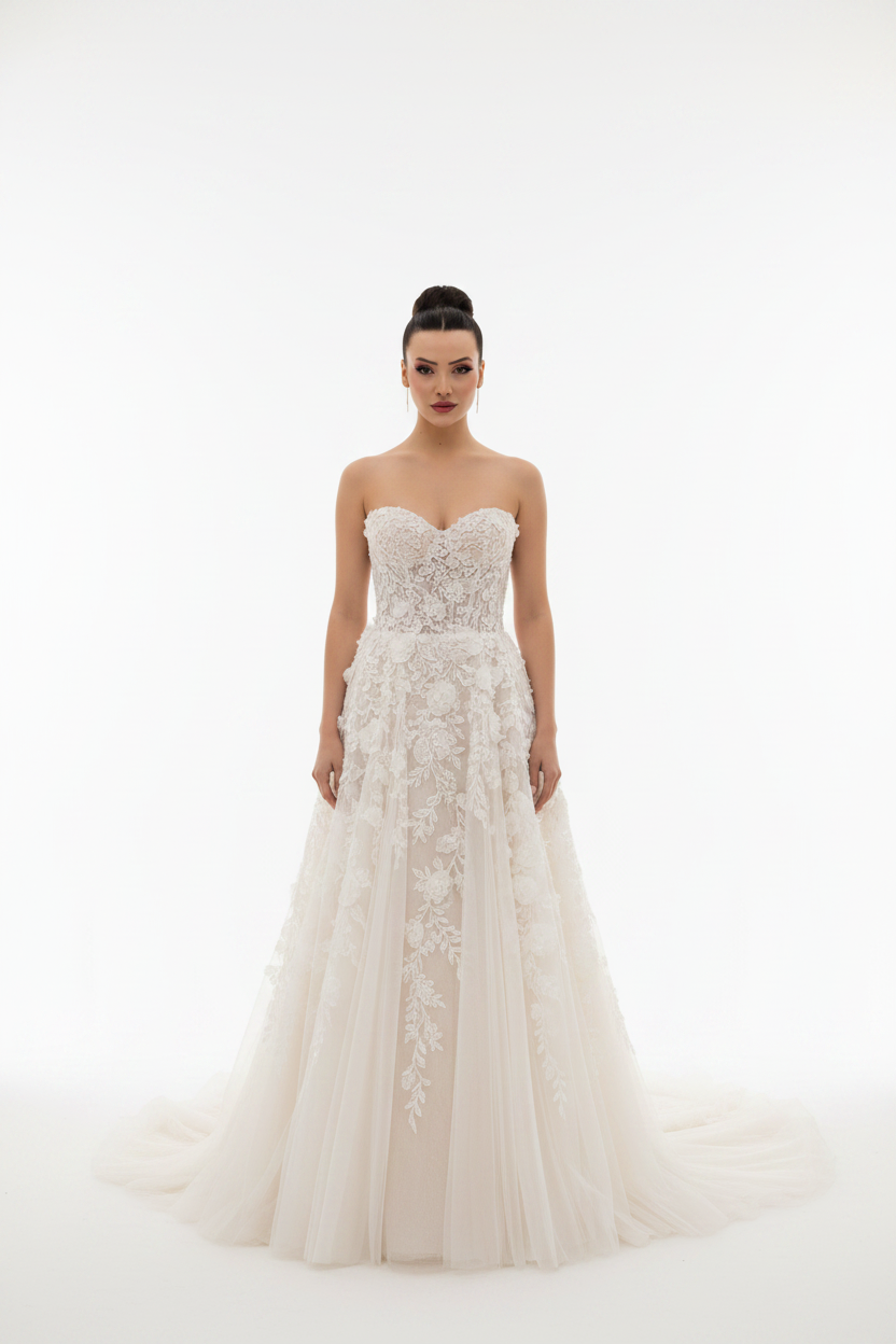NIL-124 soft ivory A-line wedding dress front view with 3D floral lace by NIL Wedding Dress