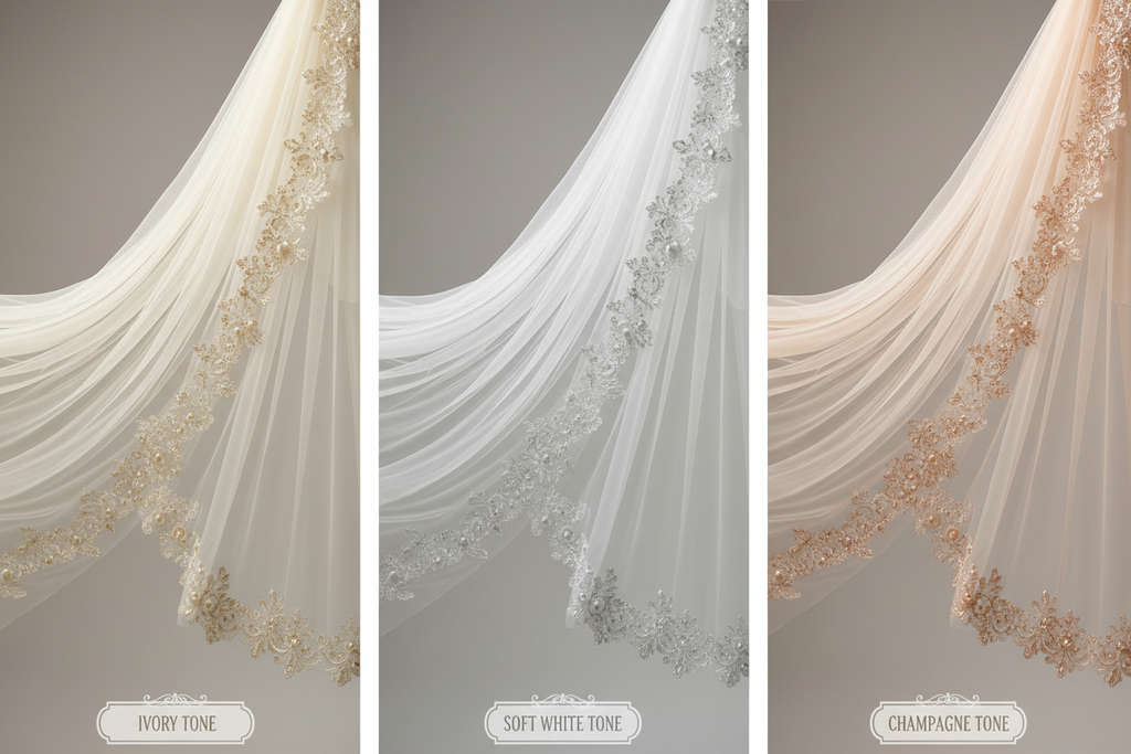 Chapel bridal veil in Ivory, Soft White and Champagne tones with pearl lace