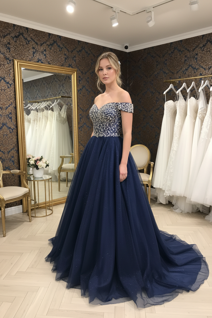 NIL-NS-244 Navy Blue Silver Crystal Ball Gown Engagement Dress - Front View