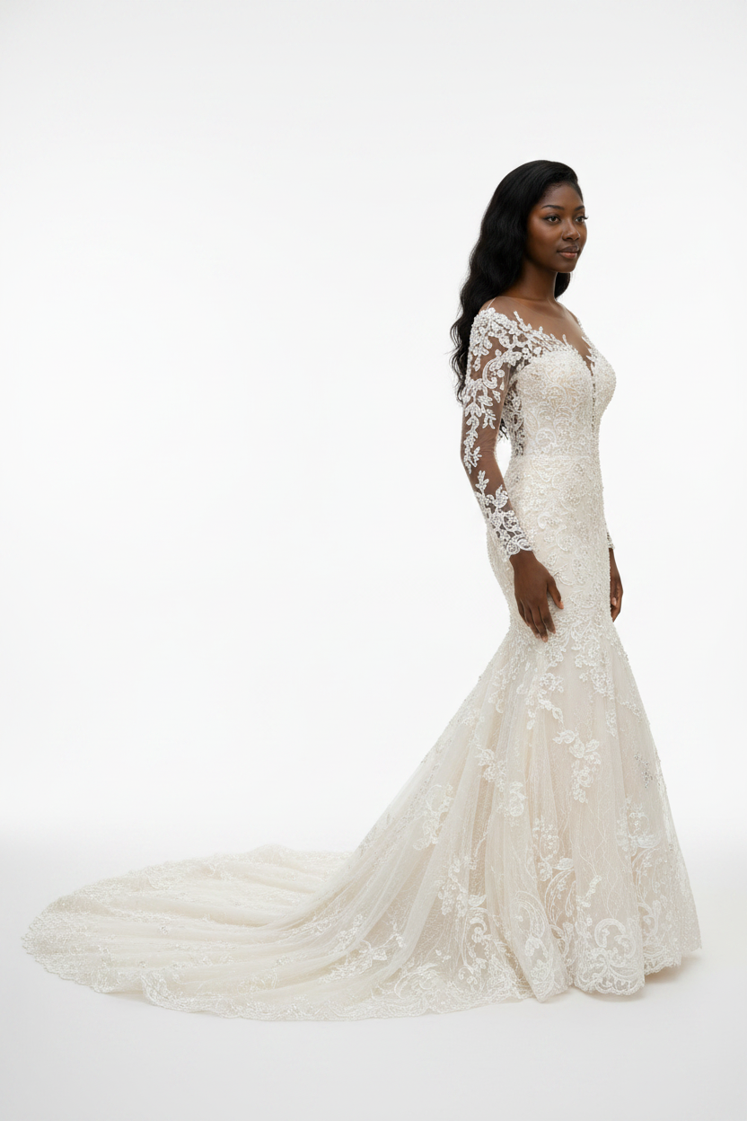 NIL-122 soft ivory mermaid wedding dress side view with lace sleeve silhouette by NIL Wedding Dress
